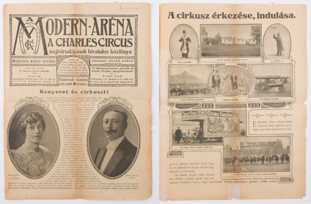 A Charles Cirkusz kiadványának címlapja és egyik oldala a cirkuszkaravánról. Forrás: Magyar Cirkuszművészeti Múzeum, Könyvtár és Archívum / Fuszka Nikol