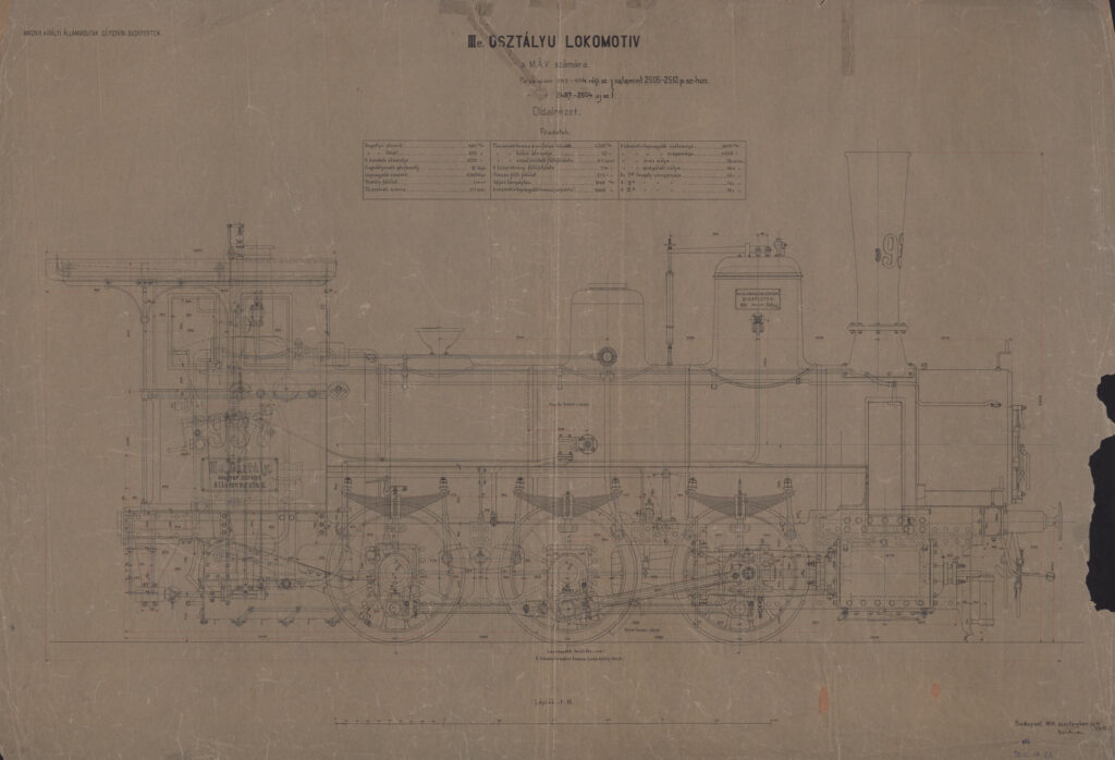 A MÁV IIIe. osztályú, később 326 sorozatú mozdony oldalnézeti jellegrajza 1891-ből. Forrás: Magyar Műszaki és Közlekedési Múzeum Archívum (MMKM_VMRGY_72_2_14_21)