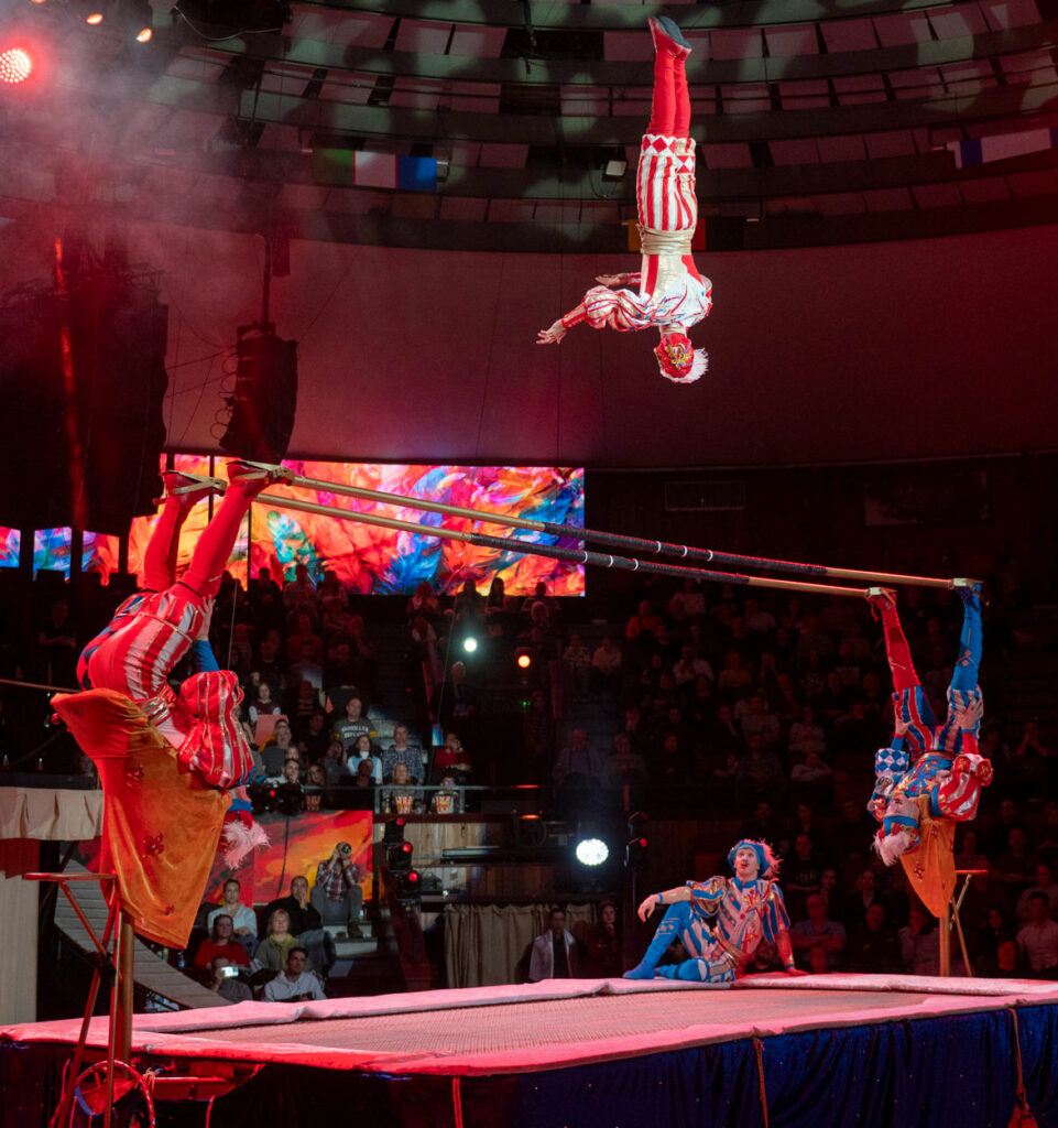 Jelenet a 16. Budapest Nemzetközi Cirkuszfesztivál Red showjából, a Venice Carneval ezüst-díjas számában a gumiasztal, az ikária és az orosz rúd cirkuszi zsánereket keverte.