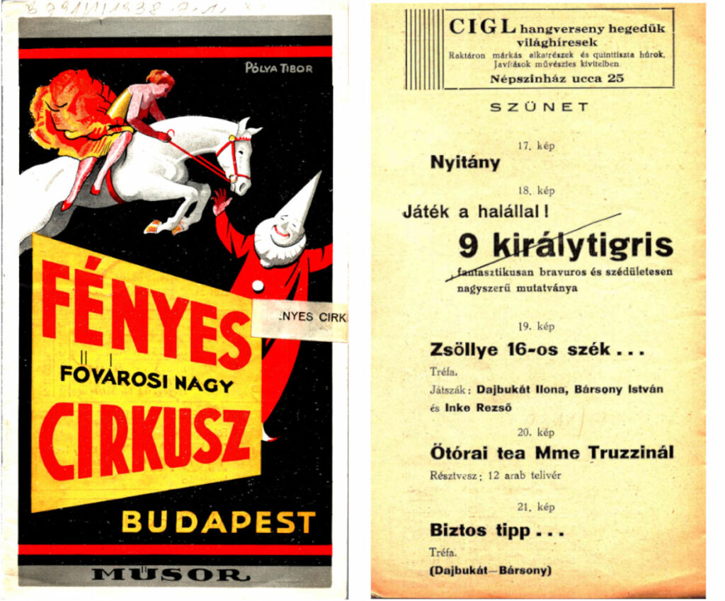 A Fényes Fővárosi Nagycirkusz műsorfüzete. Forrás: Magyar Cirkuszművészeti Múzeum, Könyvtár és Archívum
