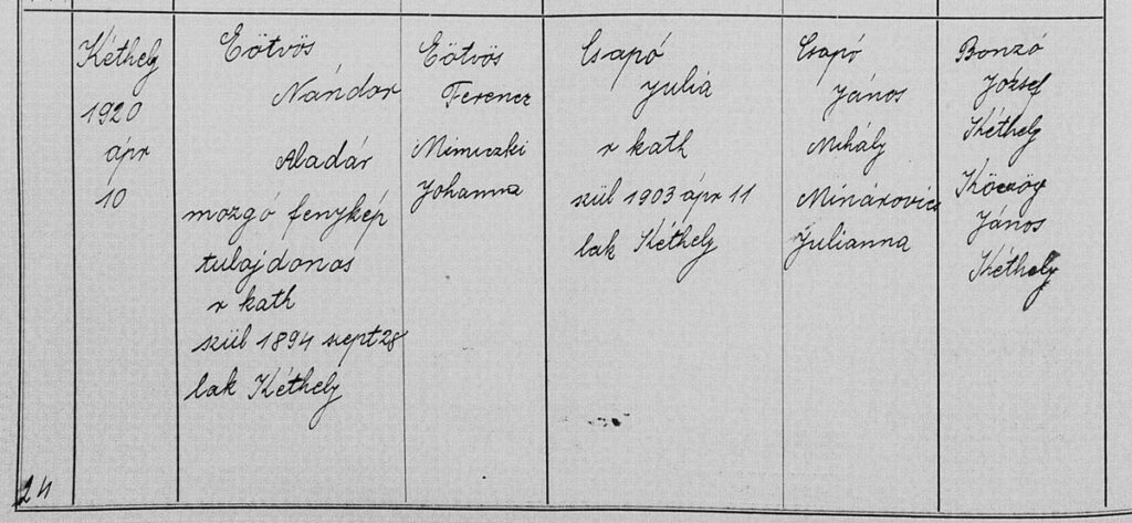 Folyó szám: 24; A házasságkötés helye és ideje (év, hó, nap): Kéthely 1920 ápr 10; A vőlegény családi és utóneve, állása (foglalkozása), vallása, életkora, lakhelye: Eötvös Nándor Aladár, mozgó fénykép tulajdonos, r kath, szül 1894 szept 28, lak Kéthely; A vőlegény szüleinek családi és utóneve: Eötvös Ferencz, Nimiczki Johanna; A menyasszony családi és utóneve, állása (foglalkozása), vallása, életkora, lakhelye: Csapó Julia, r kath, szül 1903 ápr 11, lak Kéthely; A menyasszony szüleinek családi és utóneve: Csapó János Mihály, Minárovics Julianna; A házasságkötési tanuk családi és utóneve, lakhelye: Bonzó József, Kéthely, Köczög János, Kéthely (Forrás: Family Search, utolsó letöltés: 2026.02.19.)